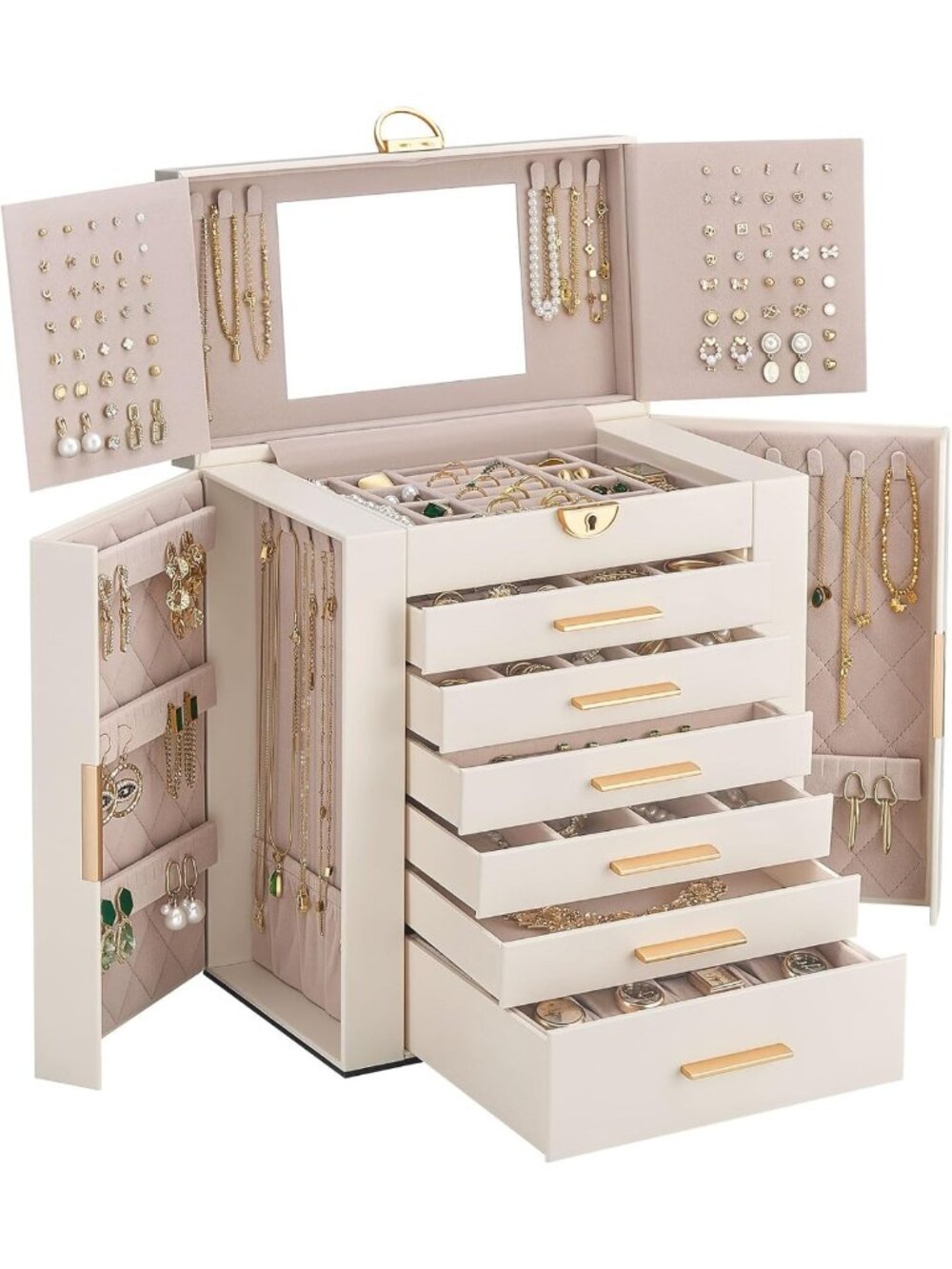 Spacious 7-Layer Jewelry Organizer Box with 6 Drawers - Elegant Beige Storage